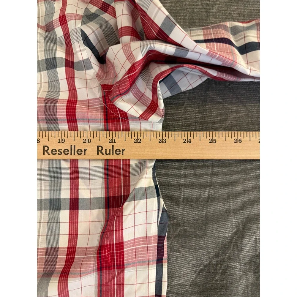 Banana Republic Men L Camden Fit Non-Iron Plaid Button Down Shirt Red Navy White